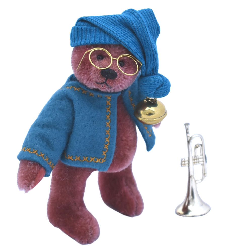 Artist miniature teddy bear with jade blue hat and jacket
