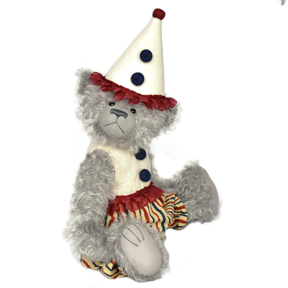 Grey `german mohair collectable bear in clown outfit