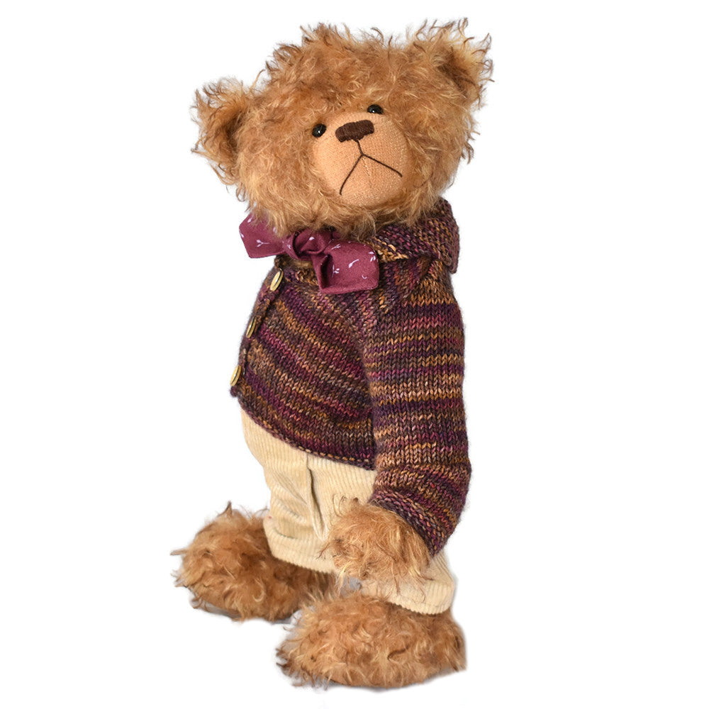 Traditional teddy bear handmade, fully jointed, dressed in cardigan and trousers