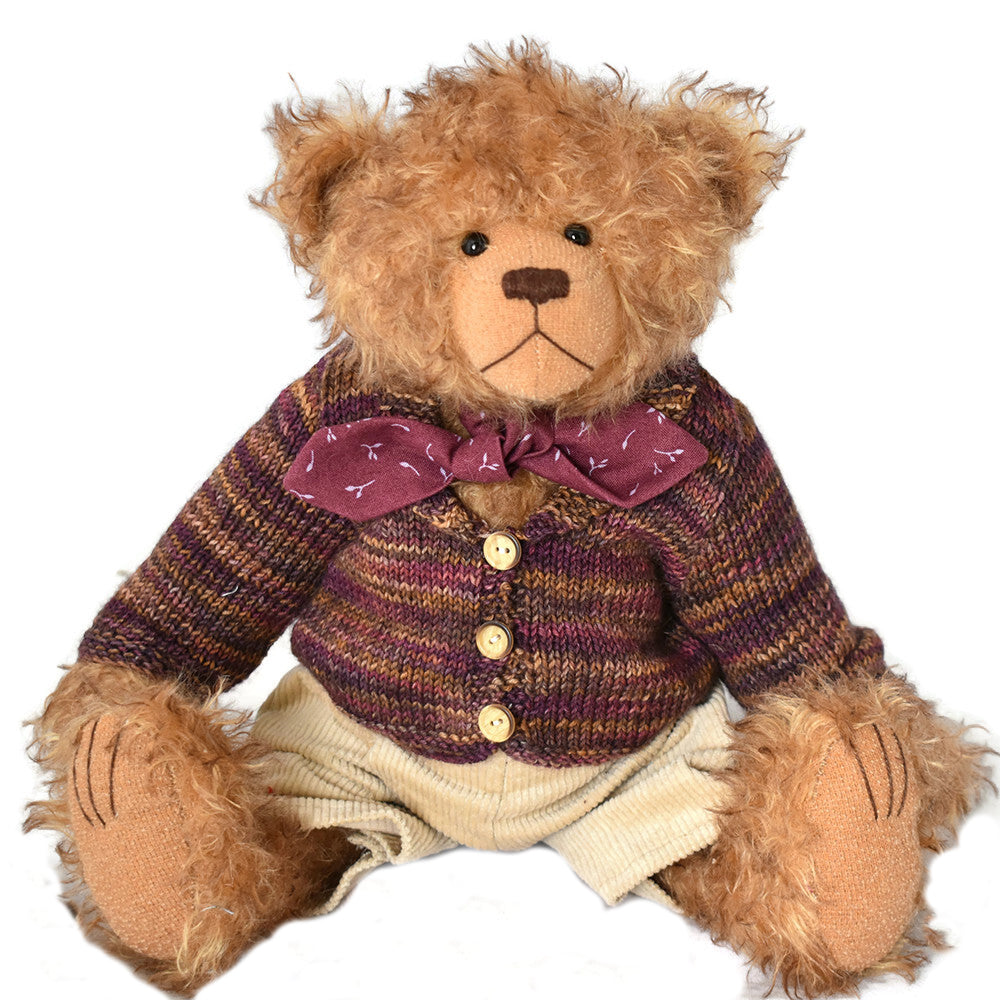 Collectable teddy bear wearing a handmade cardigan, corduroy trousers and bow tie 